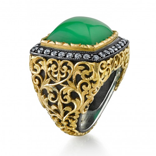 Arman_ring_lacework ring 22k gold oxidized silver diamonds & chrysoprase Arman Sarkisyan Ring